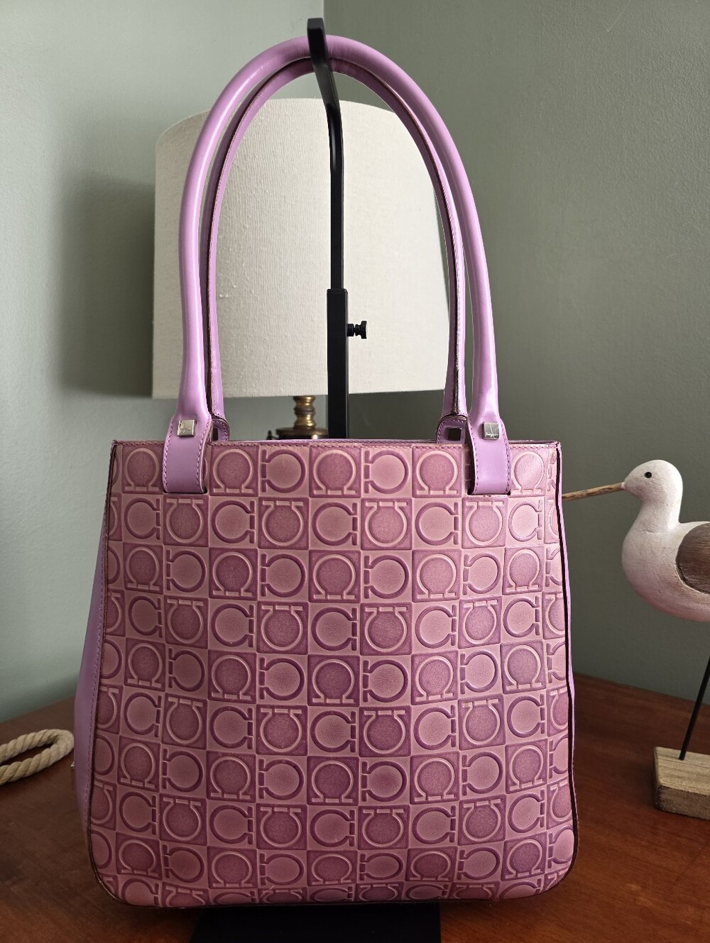 Salvatore Ferragamo Gancini Embossed Pink Leather Tote Shoulder Bag COA